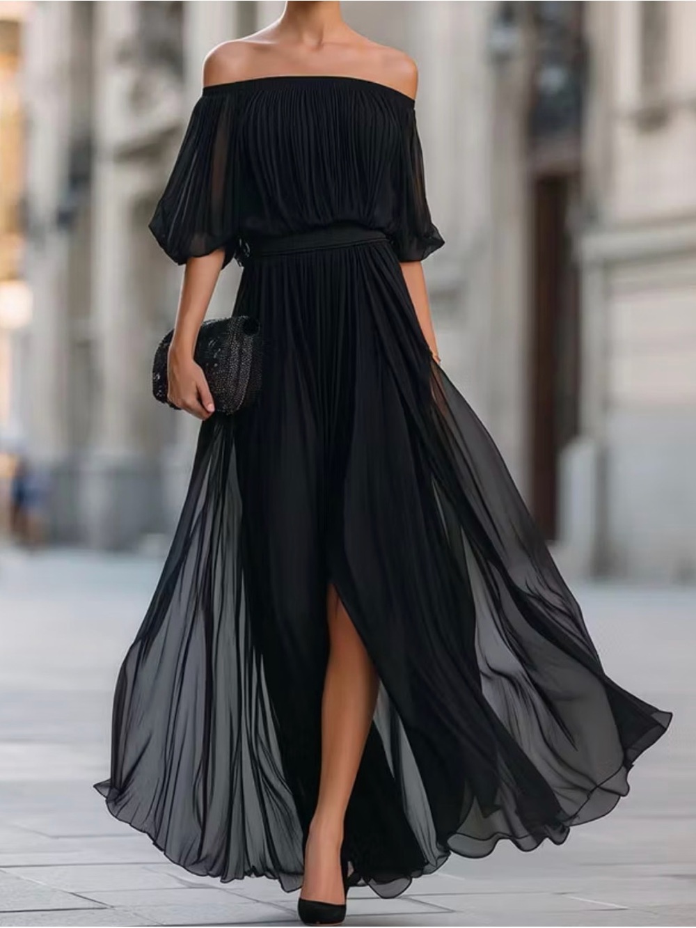 New Black Off Shoulder Chiffon Slit Maxi Dress